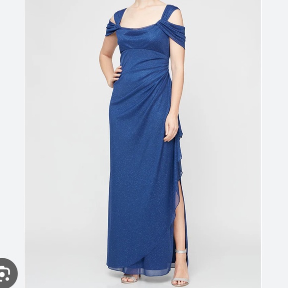 Alex Evening Sz12 Cold Shoulder Glitter Mesh Blue Dress Draped Skirt Cowl Neck - Picture 2 of 16